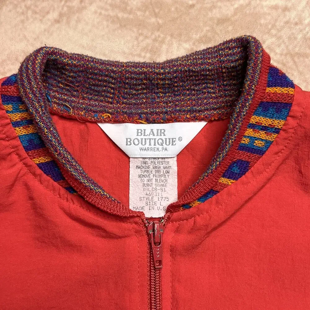 Blair Vintage 90s Windbreaker Jacket Southwestern Knit Trim Red Women's L Boho